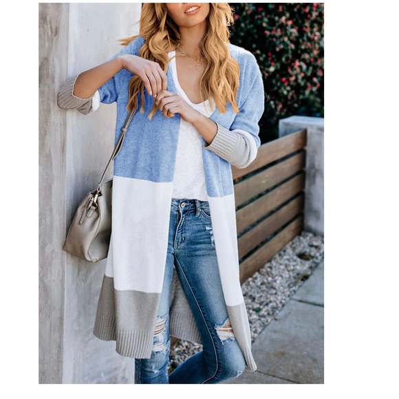 Women’s Boho Open Front Cardigan Colorblock Long Sleeve Loose Knit Lightweight - Picture 4 of 12